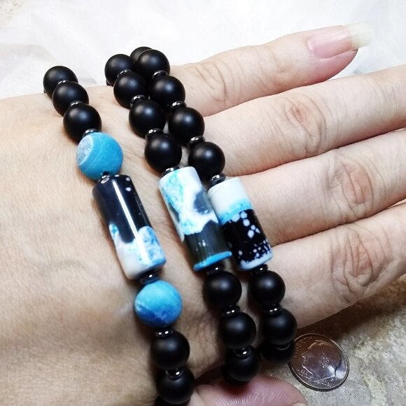 Winter Night Sky + Snowfall! Stunning Fire Agate Stretch Bracelet ~ 7" Wrists - Picture 6 of 6